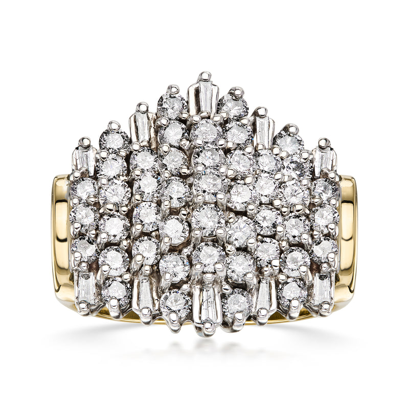Yellow gold diamond cluster ring with round and baguette cut stones
