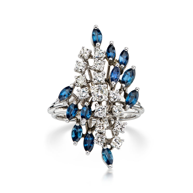 C. 1980 Vintage 1.10 ct. t.w. Sapphire and .90 ct. t.w. Diamond Waterfall Ring in 14kt White Gold. Size 7.5