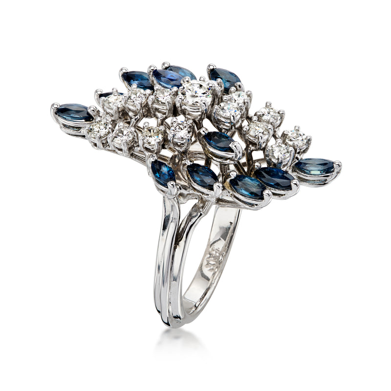 C. 1980 Vintage 1.10 ct. t.w. Sapphire and .90 ct. t.w. Diamond Waterfall Ring in 14kt White Gold. Size 7.5