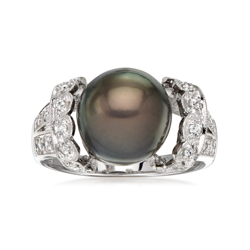 C. 1990 Vintage 10mm Black Cultured Pearl Ring with .30 ct. t.w. Diamonds in 14kt White Gold. Size 7
