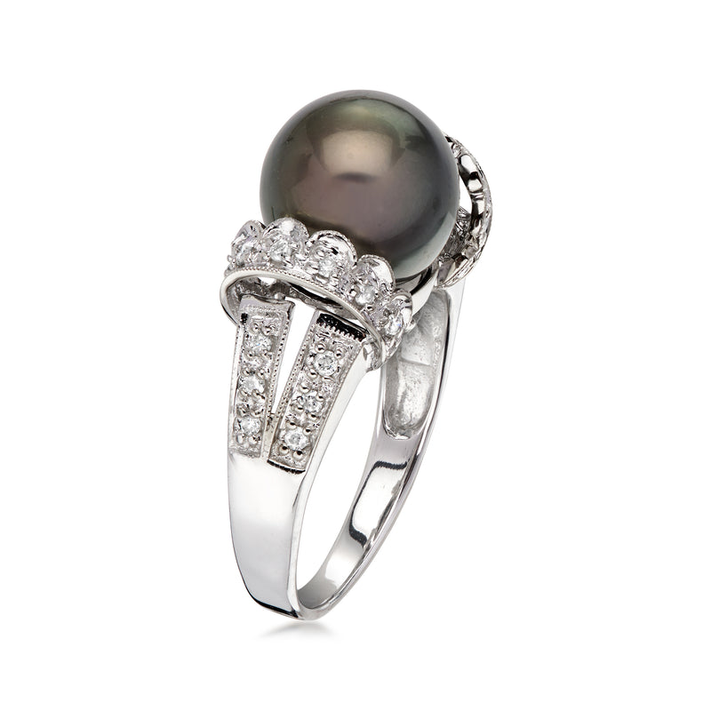 C. 1990 Vintage 10mm Black Cultured Pearl Ring with .30 ct. t.w. Diamonds in 14kt White Gold. Size 7