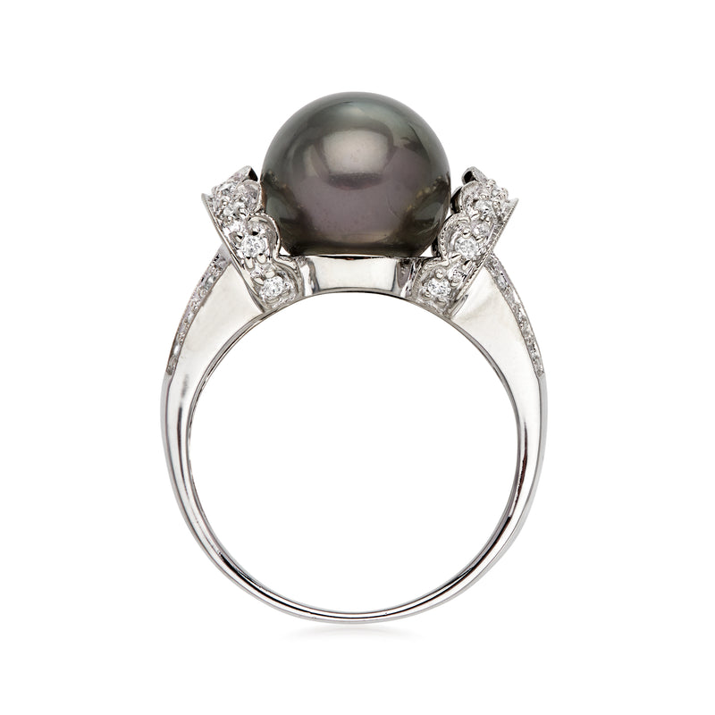 C. 1990 Vintage 10mm Black Cultured Pearl Ring with .30 ct. t.w. Diamonds in 14kt White Gold. Size 7
