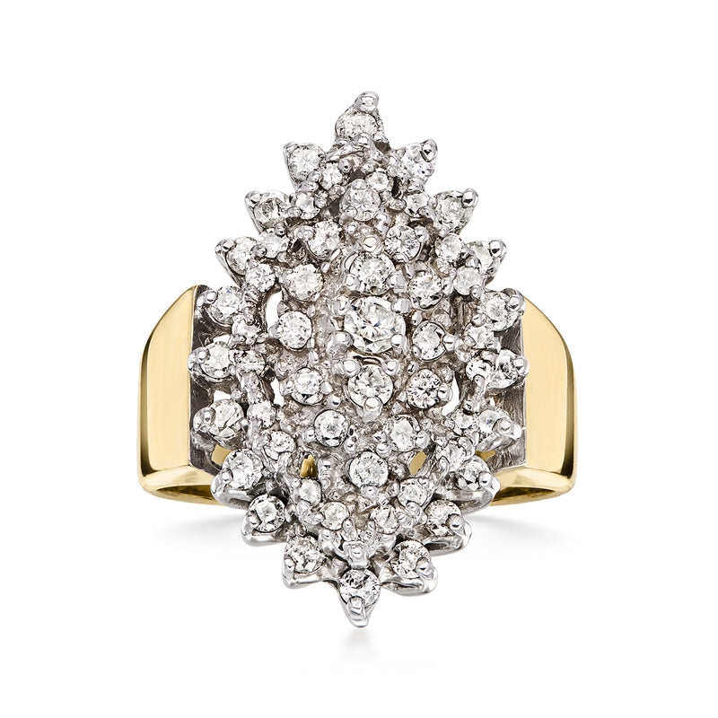 Yellow gold diamond cluster ring with prong-set oval center stones