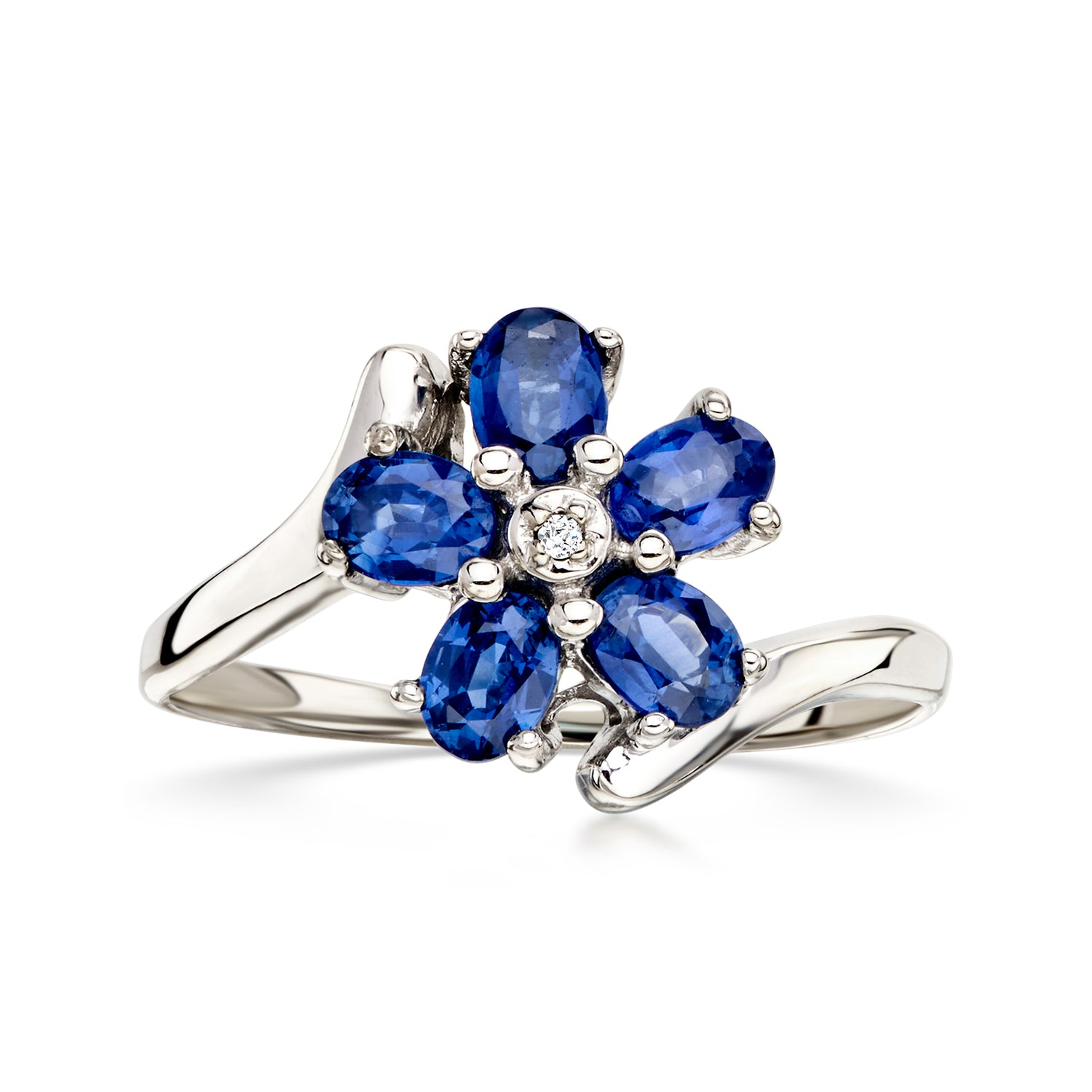 C. 2000 Vintage 1.00 ct. t.w. Sapphire Flower Ring with Single Diamond in 14kt White Gold