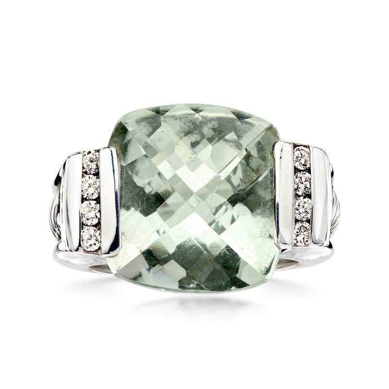 Sterling silver prasiolite cushion ring with diamond accents, David Yurman