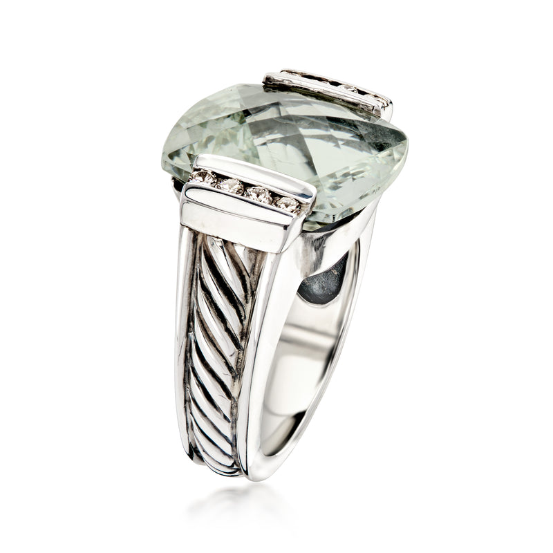 Sterling silver prasiolite cushion ring with baguette diamond side details
