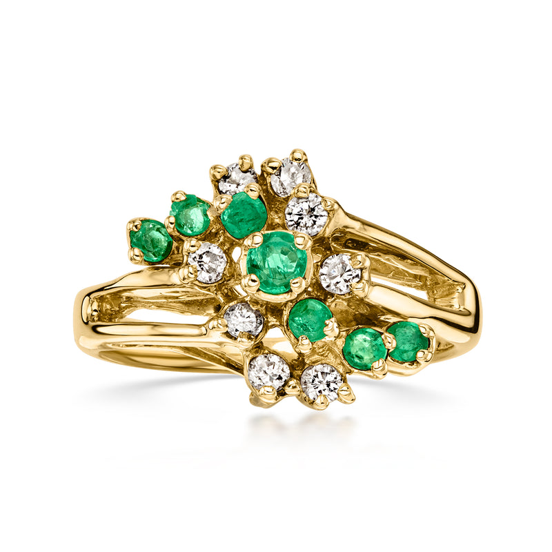 14kt yellow gold cluster ring with emerald green stones and diamond accents