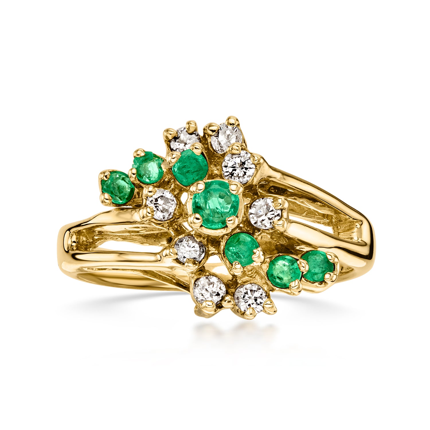 C. 1980 Vintage .40 ct. t.w. Emerald and .25 ct. t.w. Diamond Cluster Ring in 14kt Yellow Gold
