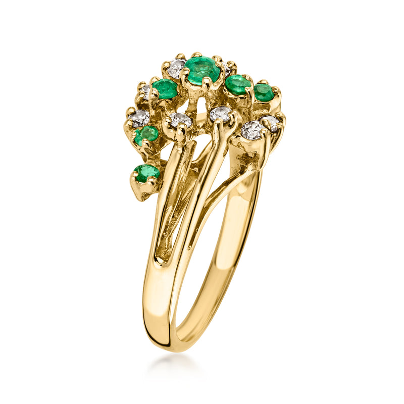Yellow gold ring with emerald cluster and small round diamond stones, side view