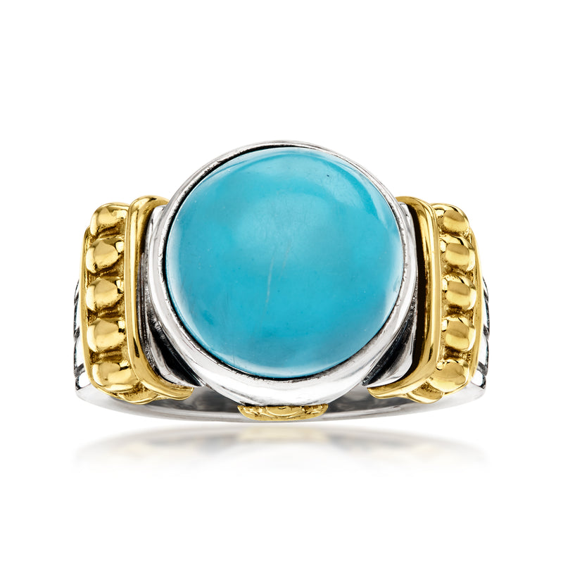 Turquoise cabochon ring in sterling silver with 18kt yellow gold accents, gold-set bezel