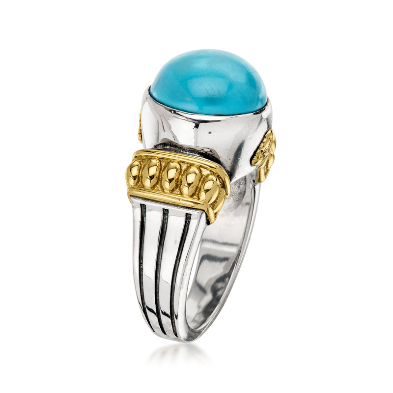 Turquoise cabochon ring side view; sterling silver band with 18kt yellow gold detail