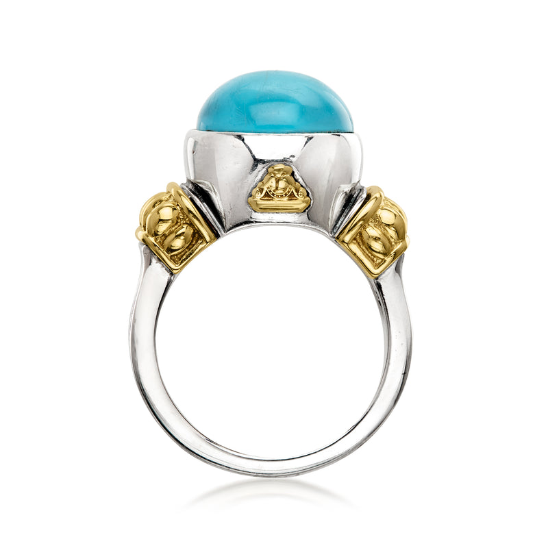 Turquoise cabochon ring top view; sterling silver setting with 18kt yellow gold centerpiece