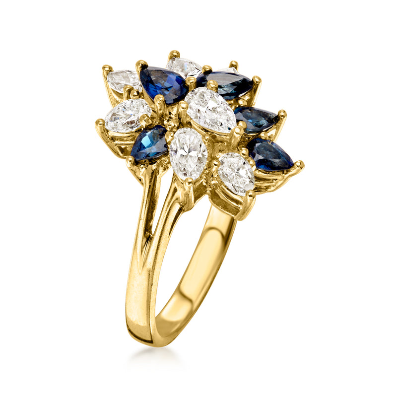 C. 1990 Vintage 1.00 ct. t.w. Diamond and 1.00 ct. t.w. Sapphire Cluster Ring in 18kt Yellow Gold. Size 6.5