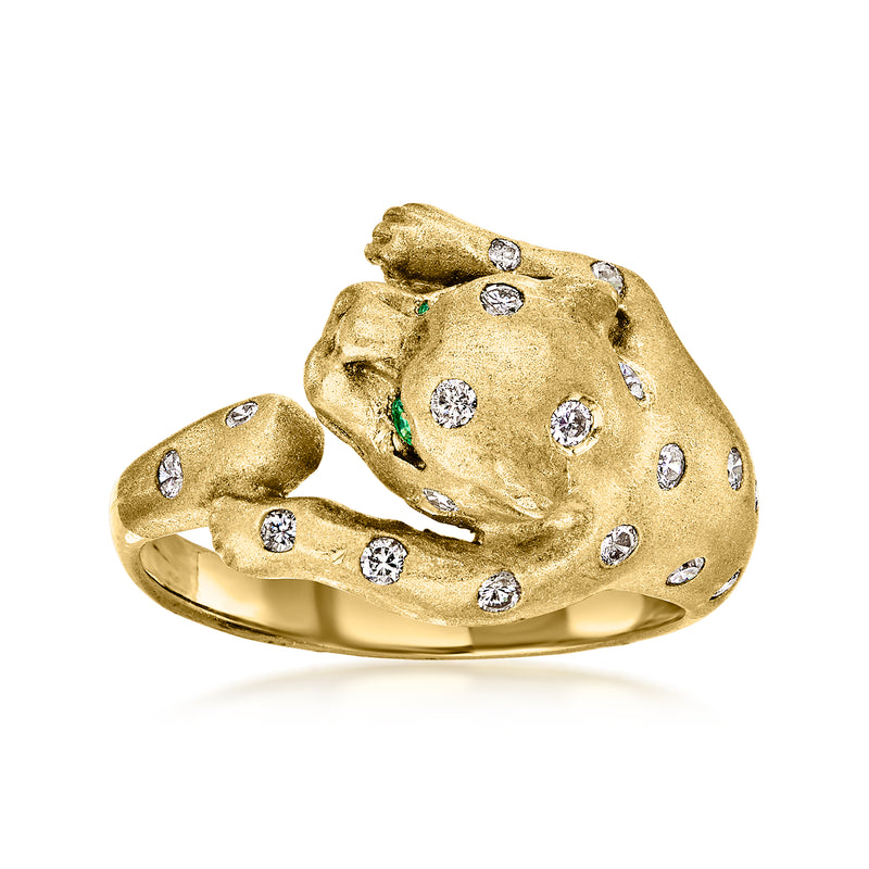C. 1990 Vintage .35 ct. t.w. Diamond Panther Ring with Emeralds in 18kt Yellow Gold. Size 6.5