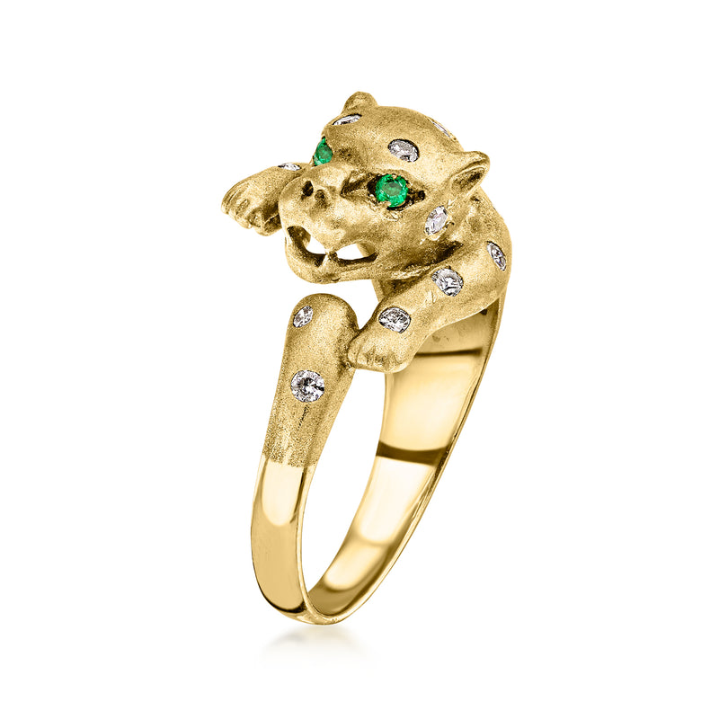 C. 1990 Vintage .35 ct. t.w. Diamond Panther Ring with Emeralds in 18kt Yellow Gold. Size 6.5