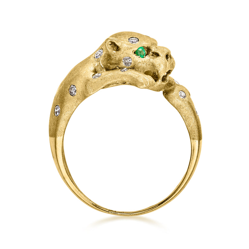 C. 1990 Vintage .35 ct. t.w. Diamond Panther Ring with Emeralds in 18kt Yellow Gold. Size 6.5