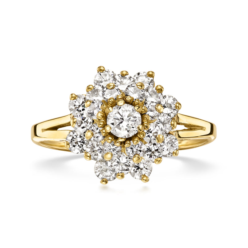Vintage diamond flower ring in 18kt yellow gold with round brilliant cluster and prongs