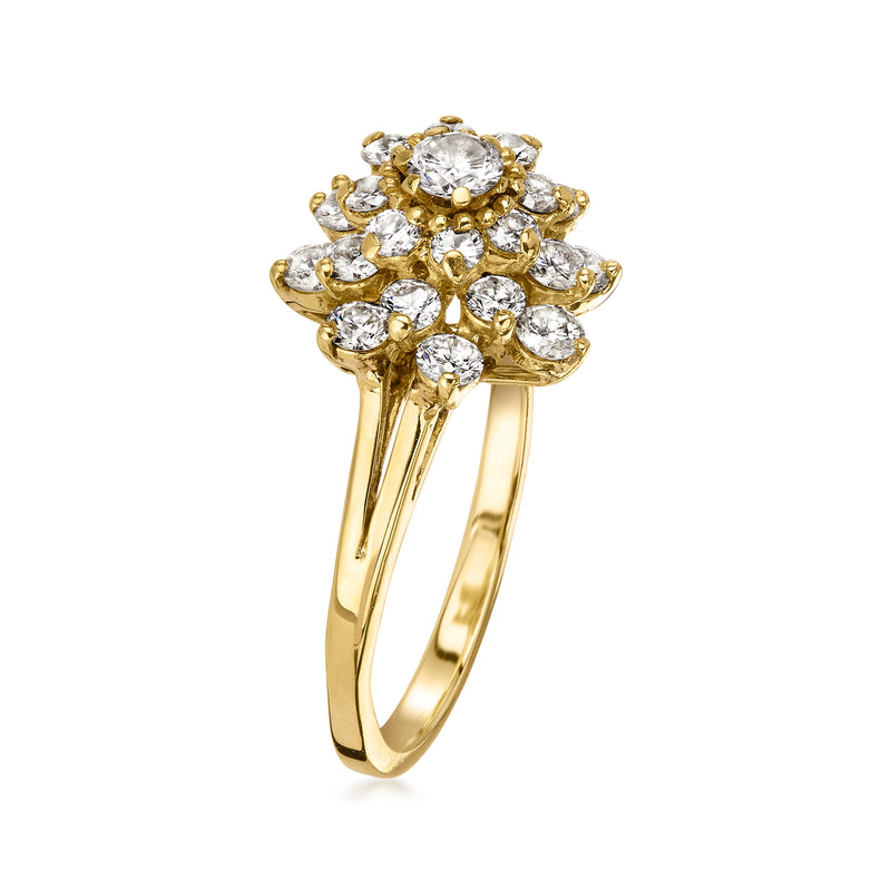 18kt yellow gold diamond flower ring, oval cluster of round stones on open band