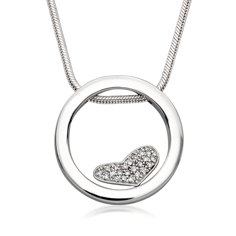 Diamond heart inside circular pendant on sterling silver chain necklace