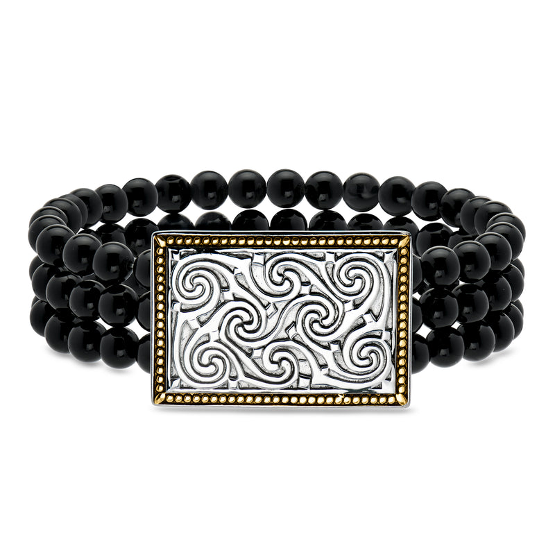 Three-row black bead stretch bracelet with silver rectangular scrollwork centerpiece