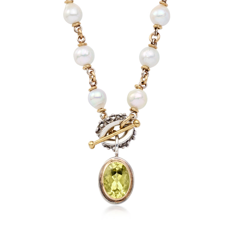 Cultured pearl and lemon quartz pendant necklace in gold over silver with chain links