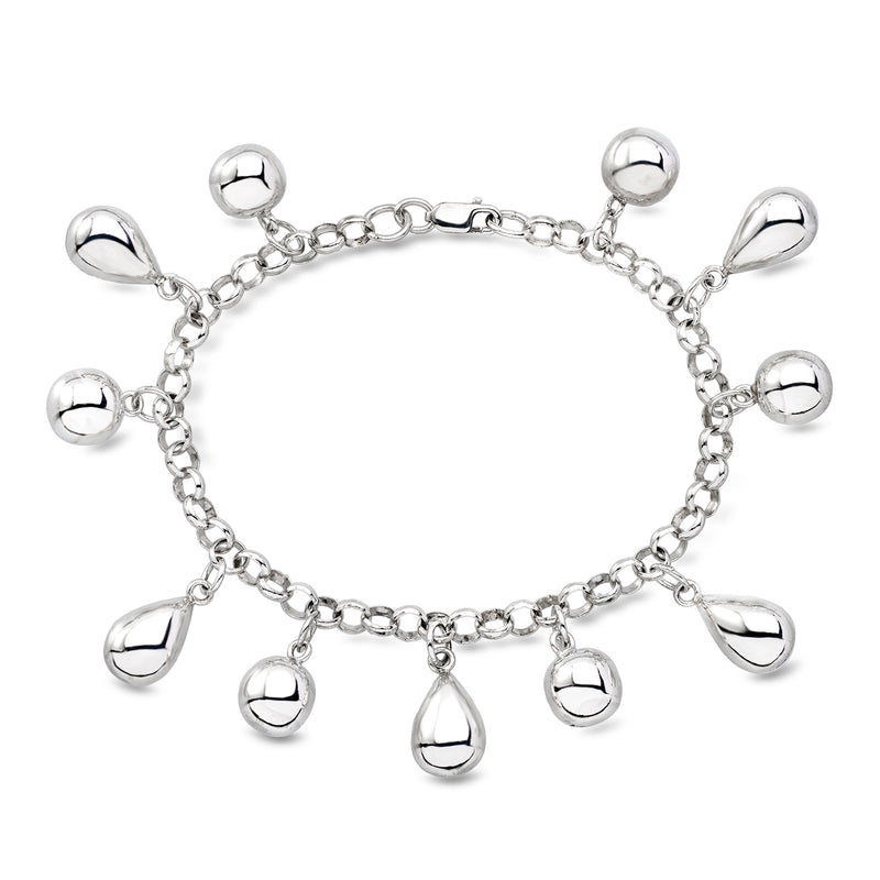 Vintage sterling silver droplet charm bracelet with linked chain and teardrop pendants