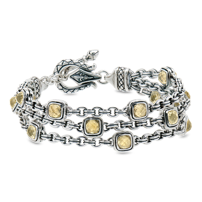 Sterling silver three-row bracelet with square yellow gemstone links