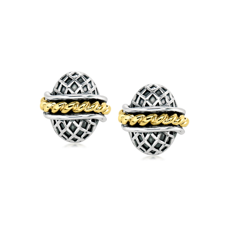 Vintage earrings in sterling silver with yellow gold band and lattice dome