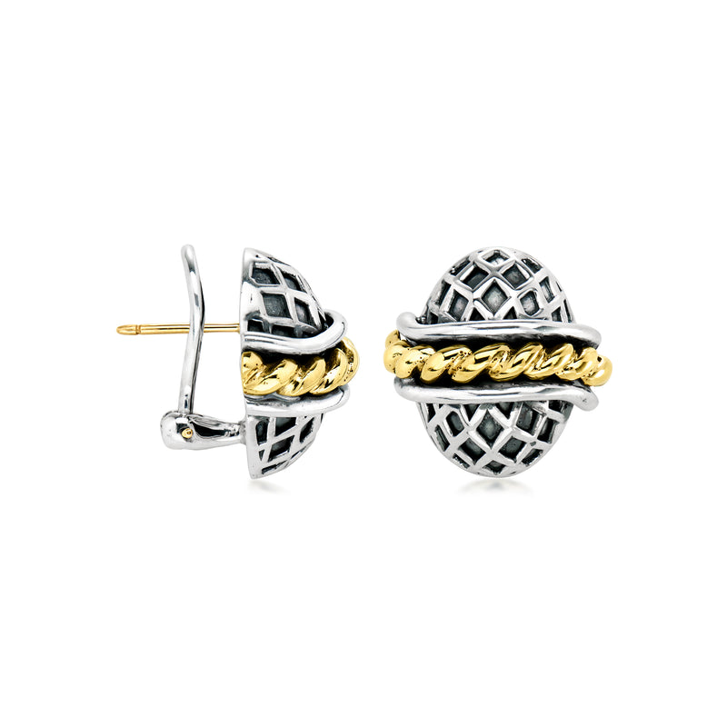 Sterling silver clip/post earrings with yellow gold band and geometric lattice dome