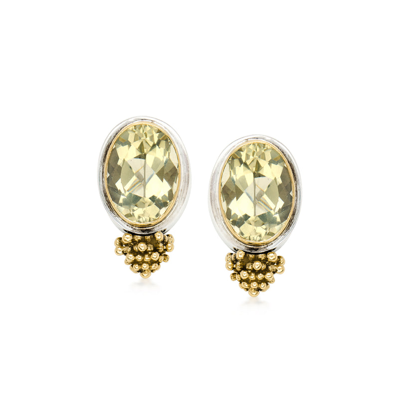 Oval prasiolite stud earrings with sterling silver bezel and gold bead drop, post style
