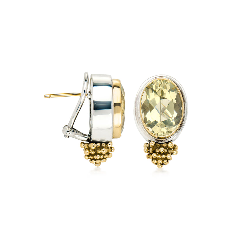 Prasiolite clip/post earrings: oval silver bezel, yellow gold frame, beaded drop