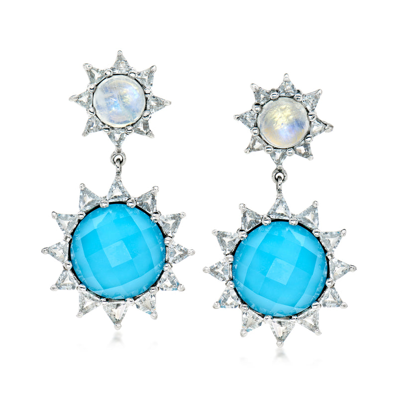 Sterling silver drop earrings: opal-like top, turquoise-blue halo stones, dangling starbursts