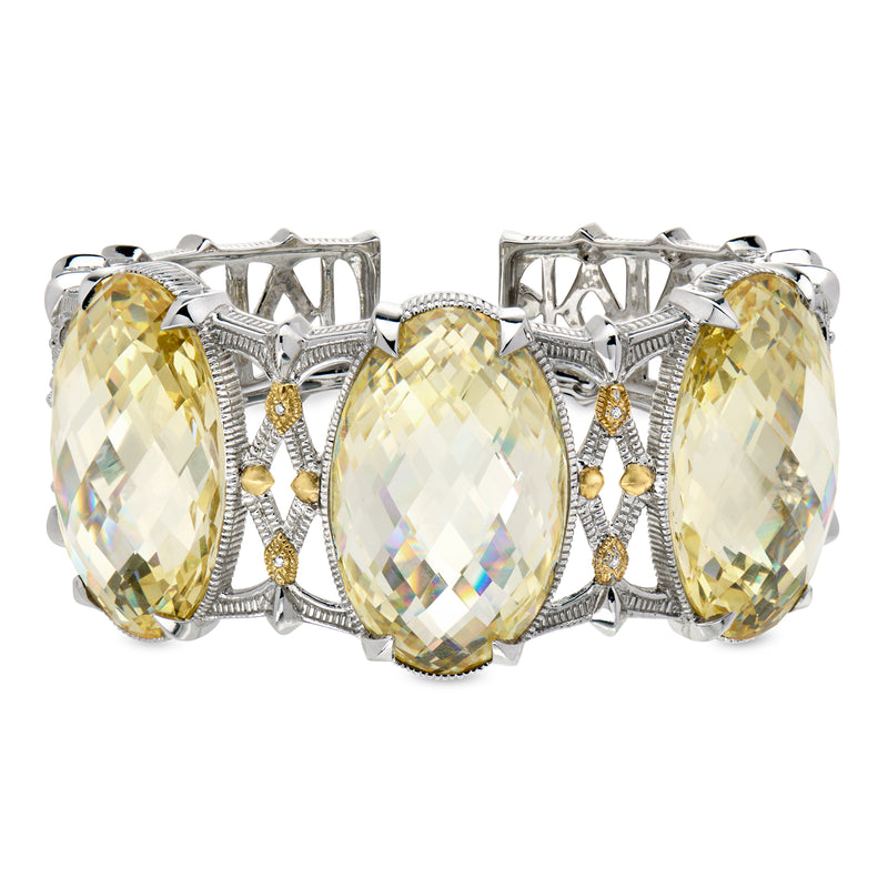 Yellow oval CZ cuff bracelet with diamond-like accents, silver-tone openwork setting