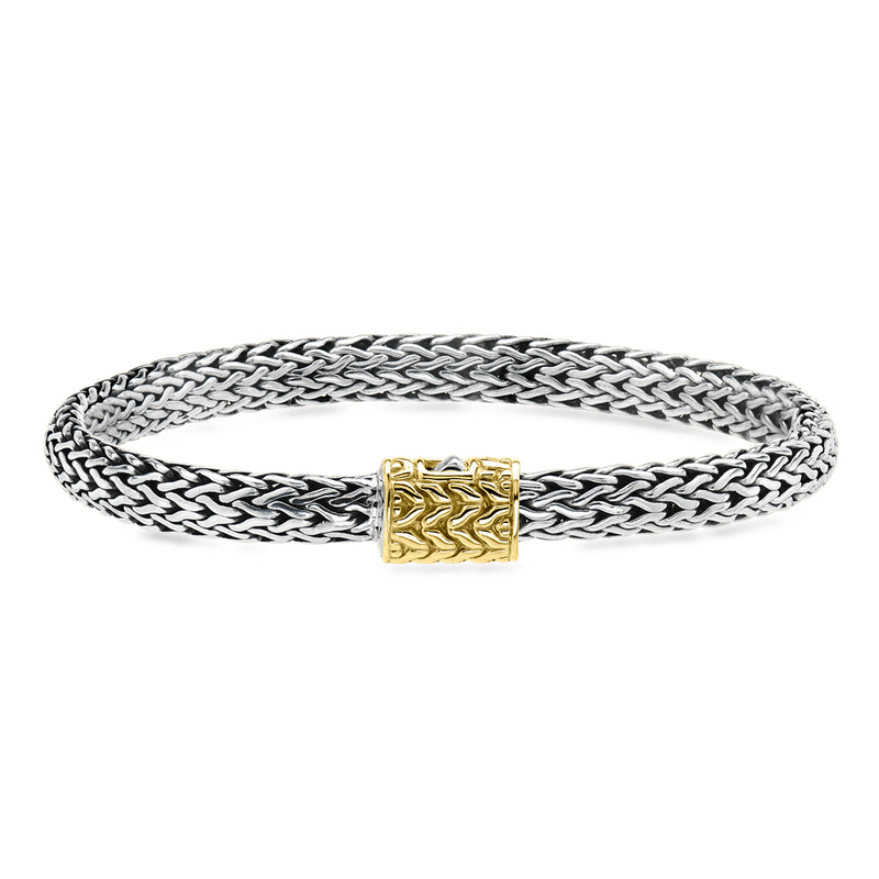 Sterling silver wheat-chain bracelet with 18kt yellow gold rectangular clasp