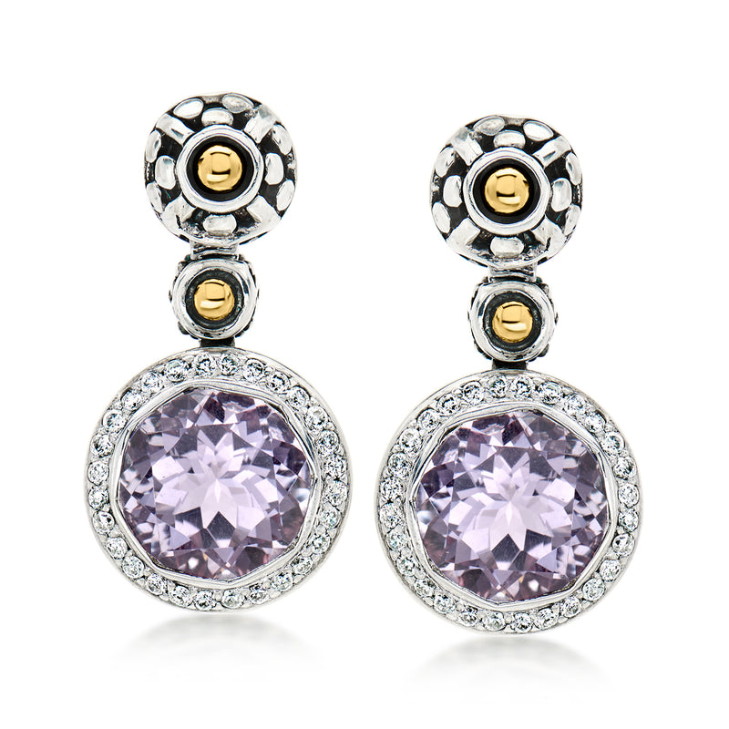 Sterling silver drop earrings with oval purple amethyst and diamond halo, gold accents