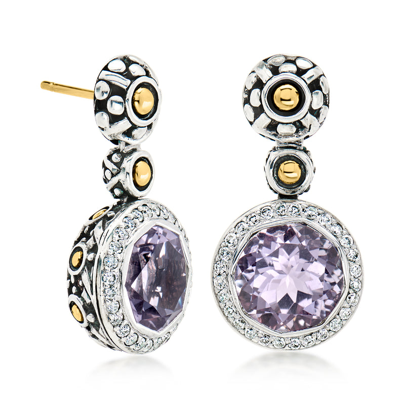 Sterling silver drop earrings with large oval amethyst, diamond border, yellow gold posts