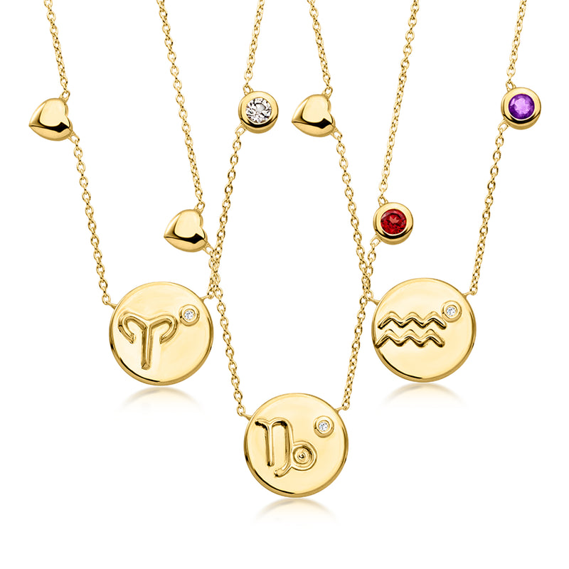 18kt gold over sterling zodiac disc charm necklace with multicolor gemstones and heart details
