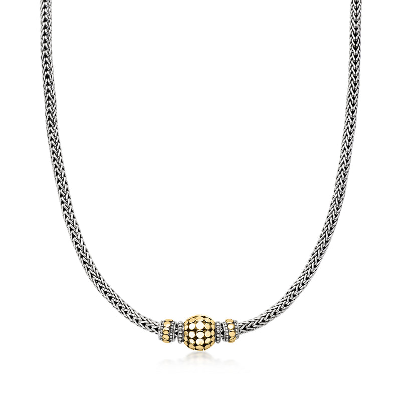Sterling silver chain necklace with yellow gold sphere centerpiece and small bead stations