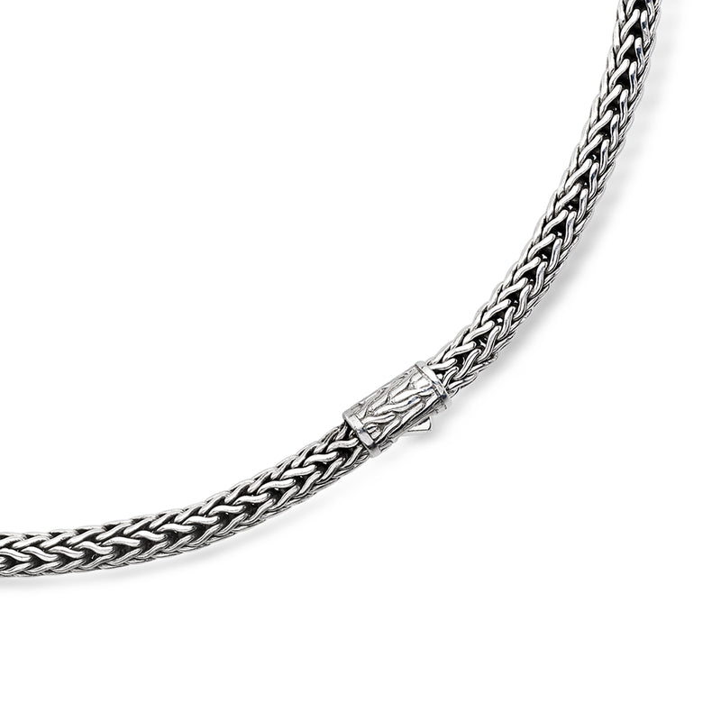 Sterling silver twisted rope chain necklace, close-up of braided links
