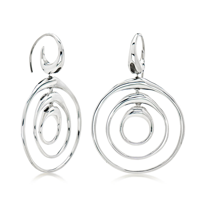 Sterling silver spiral drop earrings with layered oval hoops and earwire