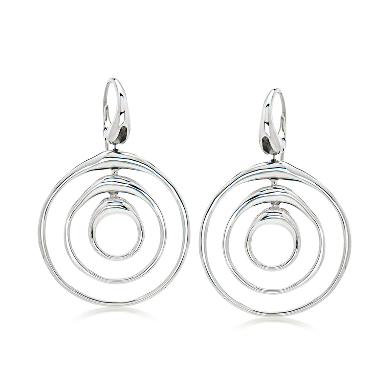 Sterling silver spiral drop earrings with concentric oval rings and earwire