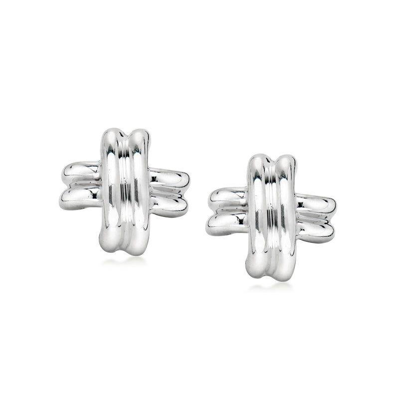 Sterling silver clip-on earrings with ribbed X-style front and bar closure