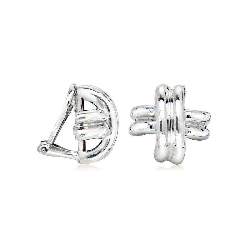 Sterling silver clip-on earrings, side view showing hinged clip and ribbed design