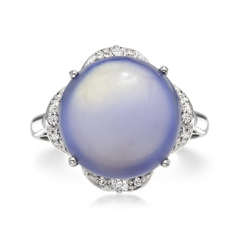 Lavender oval gemstone ring with diamond halo, set in white gold, open shoulders