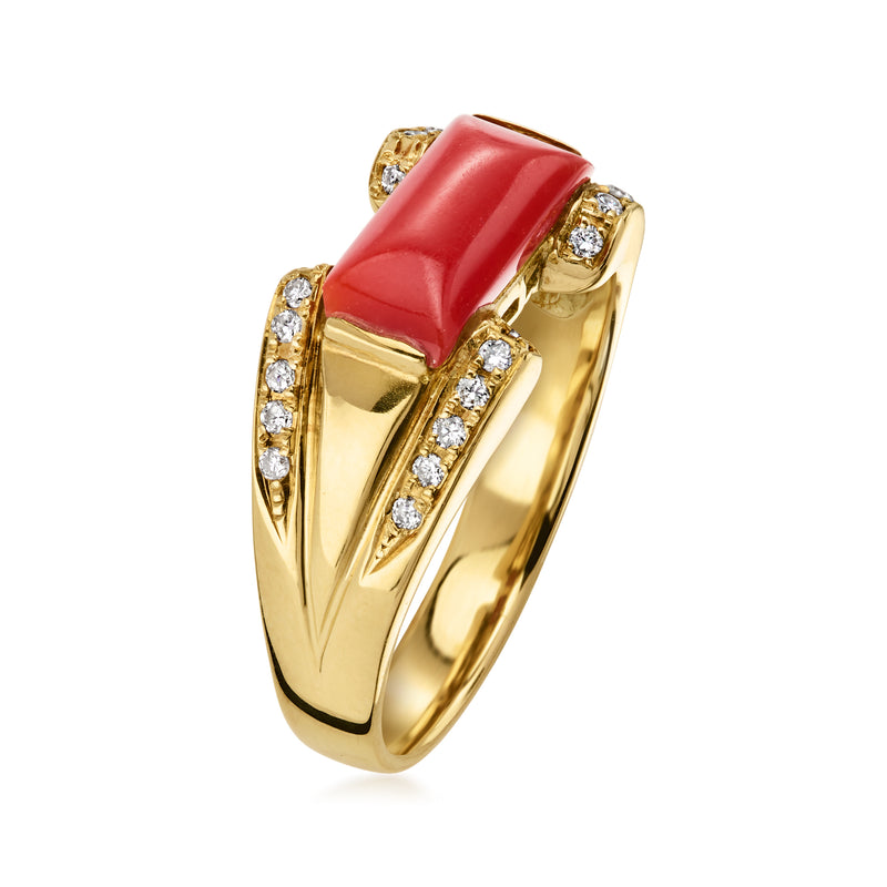 Vintage coral ring with diamonds in 18k yellow gold, curved coral top