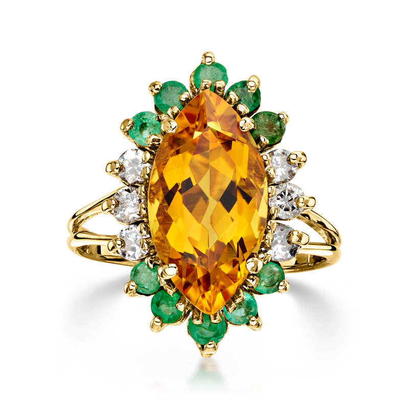 C. 1970 Vintage 4.00 Carat Citrine Ring with .60 ct. t.w. Emeralds and .36 ct. t.w. Diamonds in 14kt Yellow Gold. Size 6.25