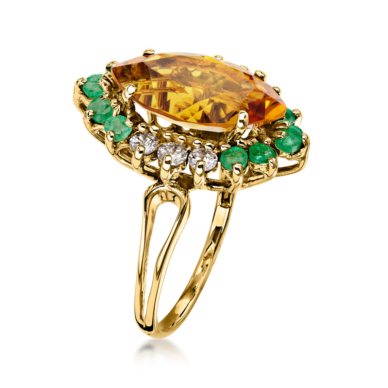 C. 1970 Vintage 4.00 Carat Citrine Ring with .60 ct. t.w. Emeralds and .36 ct. t.w. Diamonds in 14kt Yellow Gold. Size 6.25