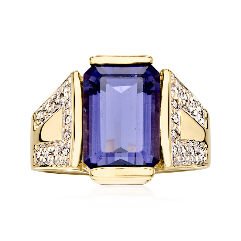 14kt yellow gold ring with large square blue-purple iolite gemstone and diamond accents