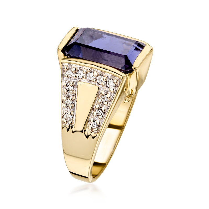 Yellow gold ring with dark purple rectangular iolite center stone and diamond side settings