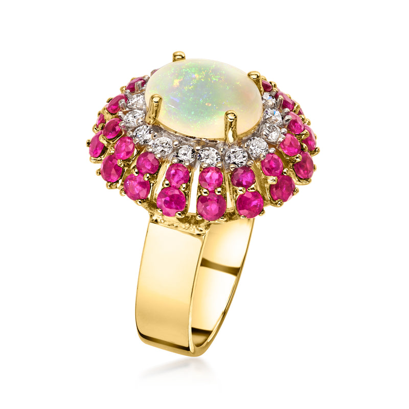 14kt yellow gold opal ring, oval opal set in prongs with ruby and diamond halo
